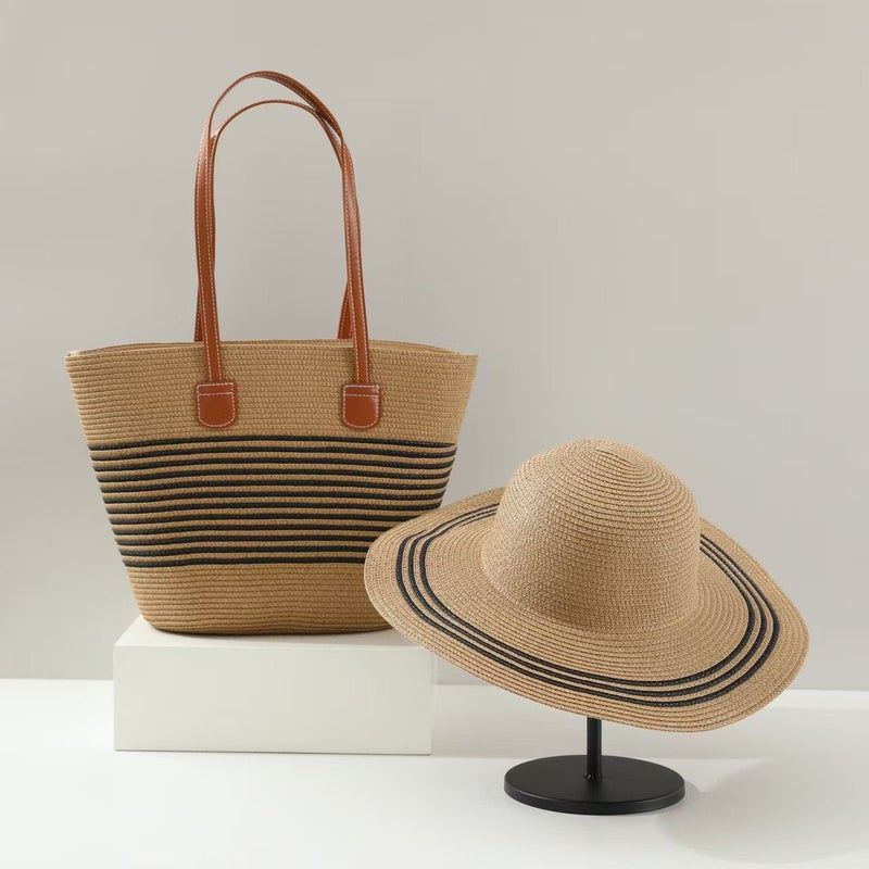 Explosions Large Capacity Straw Bag Straw Hat Two-Piece Set Outdoor Travel Big Brim Face Small Sun Hat Tote Bag Tide - Image 1