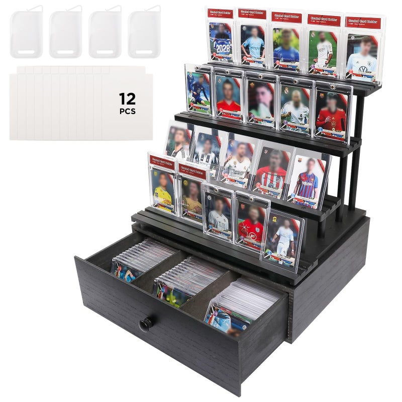 Ciphuoly Wooden 4-Tier Trading Card Display Case, Sports Card Display stand with Custom Drawer, Card Supporters & Dividers For Graded Card Display Collection Storage - Image 1