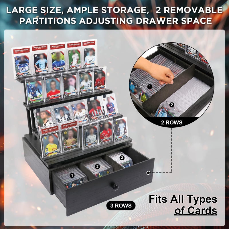 Ciphuoly Wooden 4-Tier Trading Card Display Case, Sports Card Display stand with Custom Drawer, Card Supporters & Dividers For Graded Card Display Collection Storage - Image 3