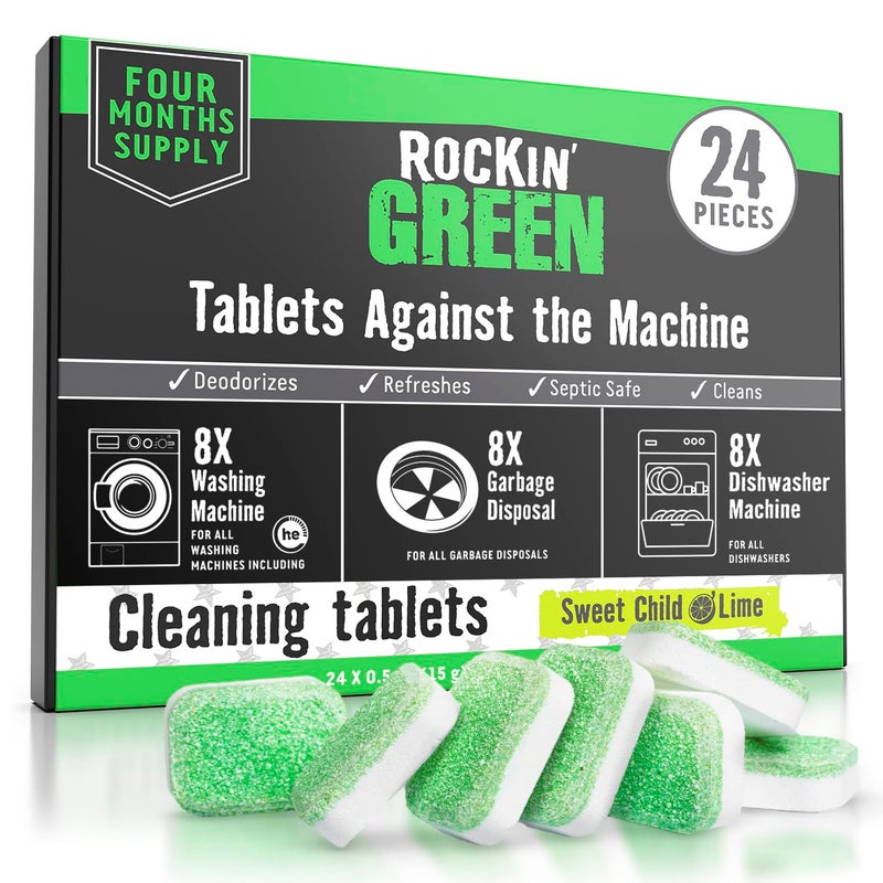 Rockin' Green Deep Cleaning and Deodorizing Tablets for Dishwashers, Washing Machines, and Garbage Disposals, Removes Odor and Residue (Multi-purpose Cleaning Tablets, 24 Pack) - Image 1