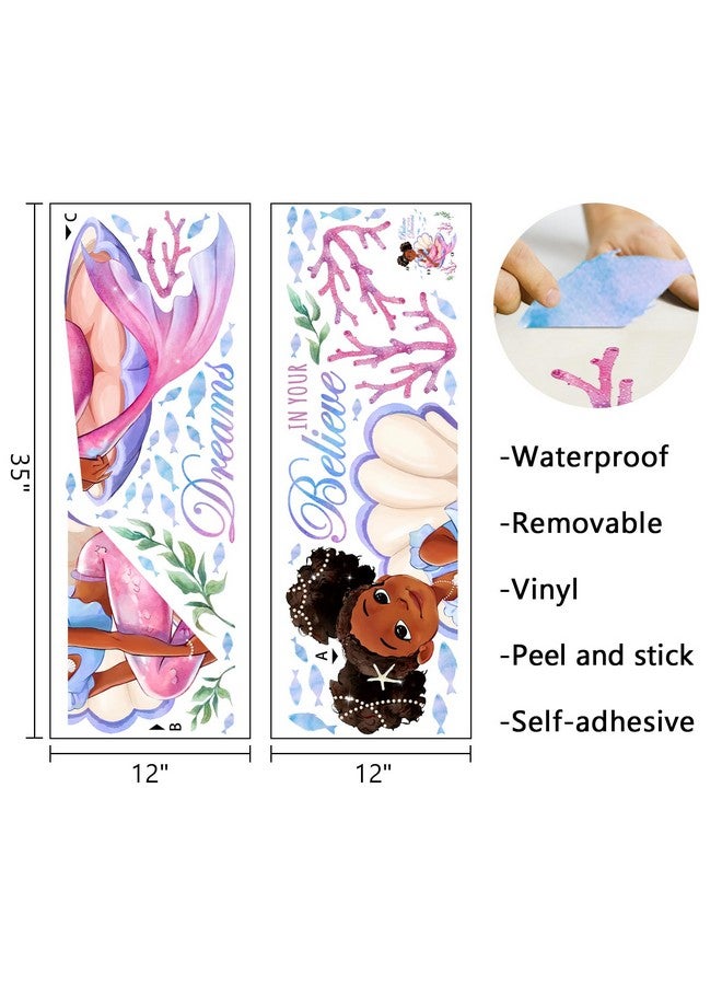 Mfault Black Mermaid Wall Decals Stickers, Inspirational Believe in Your Dreams Decoration African American Girl Bedroom Art, Under The Sea Coastal Beach Fish Nursery Kids Teens Room Home Decor - Image 2