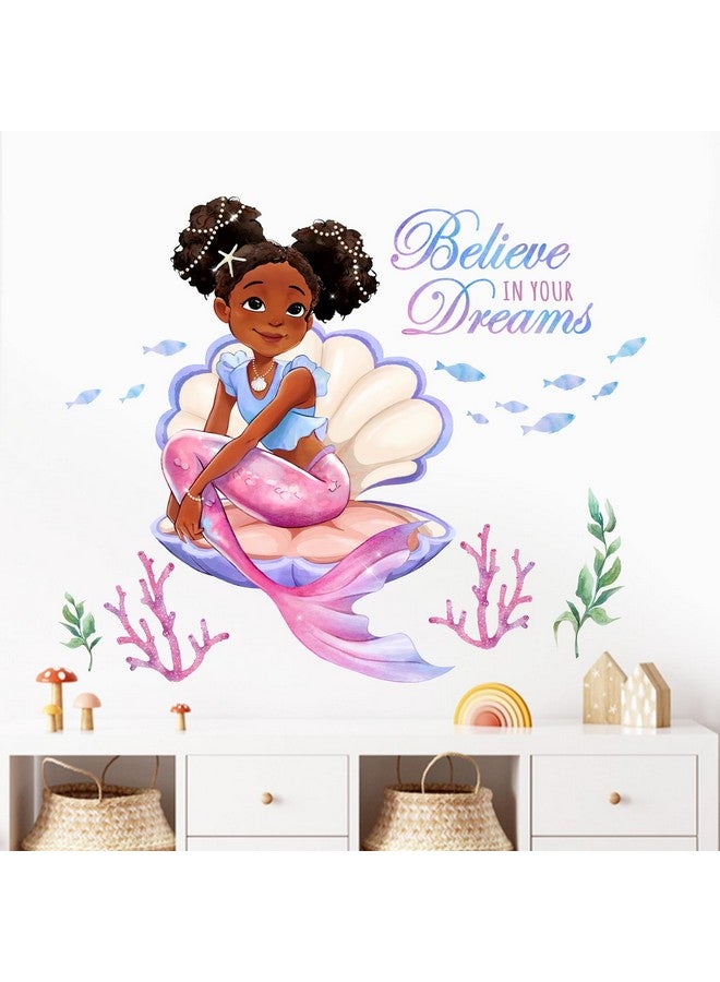 Mfault Black Mermaid Wall Decals Stickers, Inspirational Believe in Your Dreams Decoration African American Girl Bedroom Art, Under The Sea Coastal Beach Fish Nursery Kids Teens Room Home Decor - Image 1