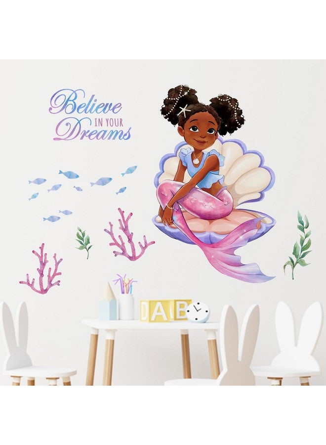 Mfault Black Mermaid Wall Decals Stickers, Inspirational Believe in Your Dreams Decoration African American Girl Bedroom Art, Under The Sea Coastal Beach Fish Nursery Kids Teens Room Home Decor - Image 3