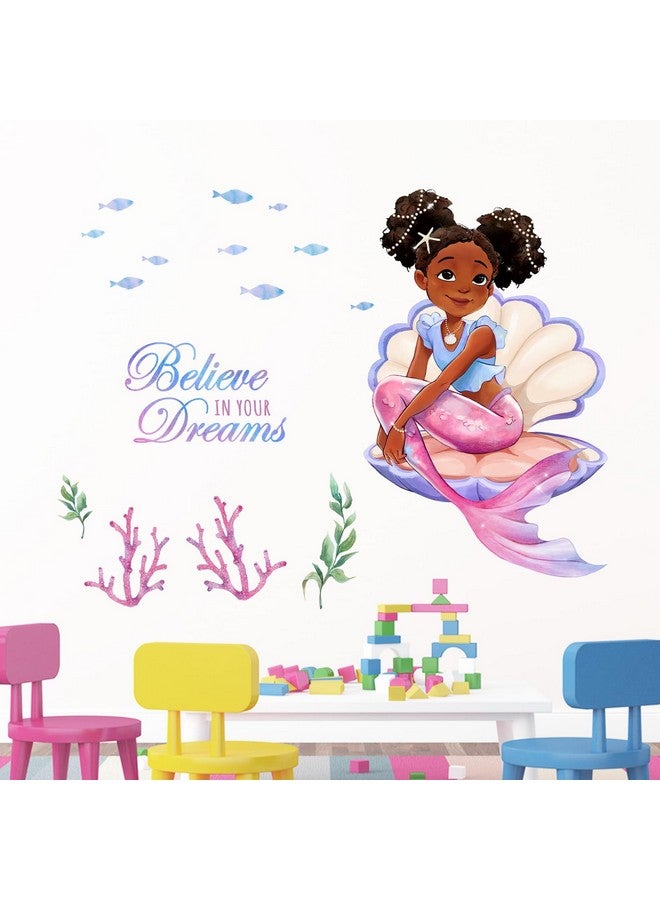 Mfault Black Mermaid Wall Decals Stickers, Inspirational Believe in Your Dreams Decoration African American Girl Bedroom Art, Under The Sea Coastal Beach Fish Nursery Kids Teens Room Home Decor - Image 5
