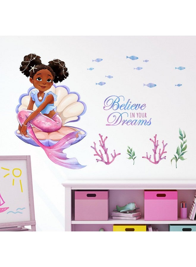 Mfault Black Mermaid Wall Decals Stickers, Inspirational Believe in Your Dreams Decoration African American Girl Bedroom Art, Under The Sea Coastal Beach Fish Nursery Kids Teens Room Home Decor - Image 4