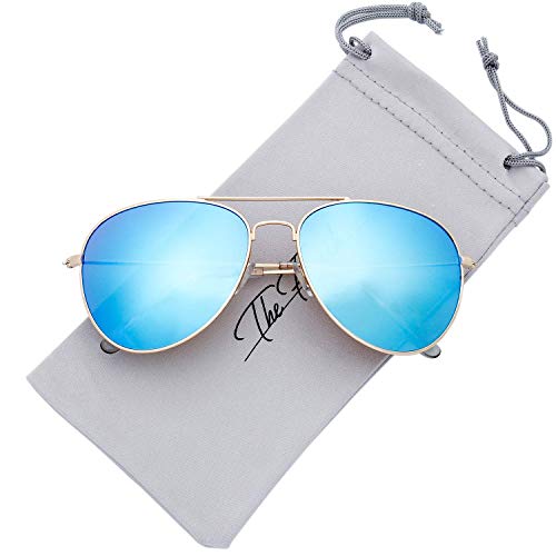 The Fresh Classic Aviator Sunglasses for Men and Women, Metal Frame Mirror Lens, UV400 Protection Pilot Style, Includes Cleaning Cloth, Pouch (06-GOLD, SKY BLUE) - Image 2