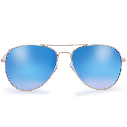The Fresh Classic Aviator Sunglasses for Men and Women, Metal Frame Mirror Lens, UV400 Protection Pilot Style, Includes Cleaning Cloth, Pouch (06-GOLD, SKY BLUE) - Image 1