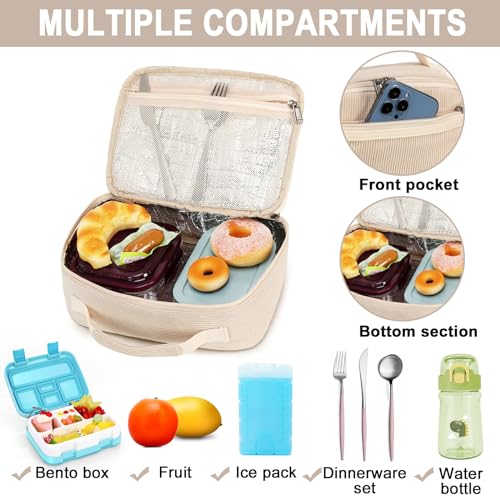 Bluboon Kids Girls Lunch Bag Insulated Lunch Box for school Corduroy Lunch Cooler Organizer School Kids Lunch Tote (Corduroy-White) - Image 5