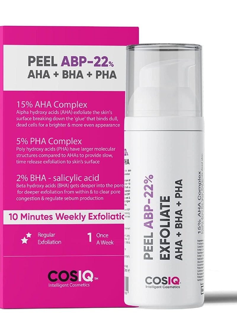 CosIQ Cos-IQ peel ABP 22(15% AHA + 5% PHA + 2% BHA) Peeling Solution for Glowing Skin, Smooth Texture & Pore Cleansing | AHA BHA PHA Peel For Regular Exfoliation (30ml, Pack of 2) - Image 2