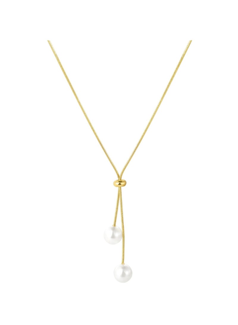 Huitich Elegant Gold Color Tone Lariat Necklace with Dual Pearl Drops  - Image 1