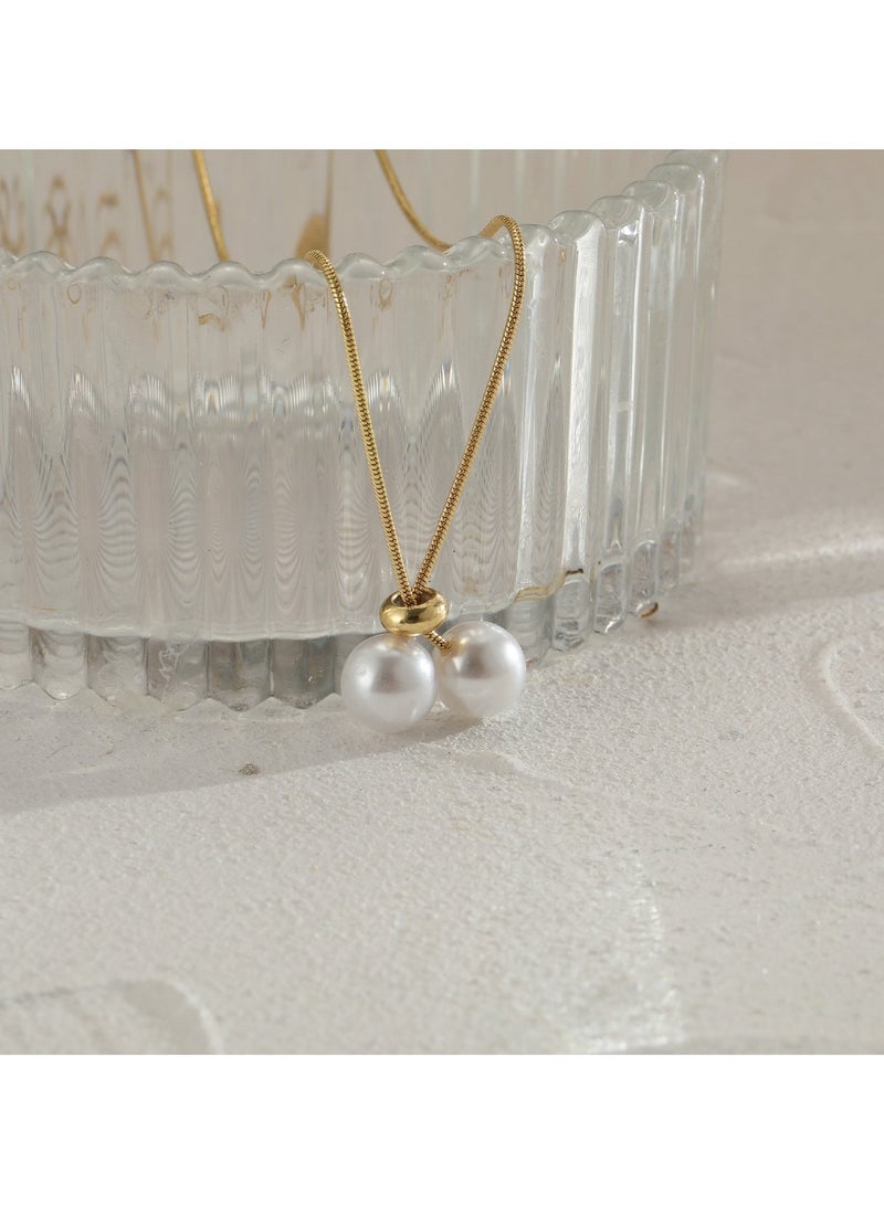 Huitich Elegant Gold Color Tone Lariat Necklace with Dual Pearl Drops  - Image 2