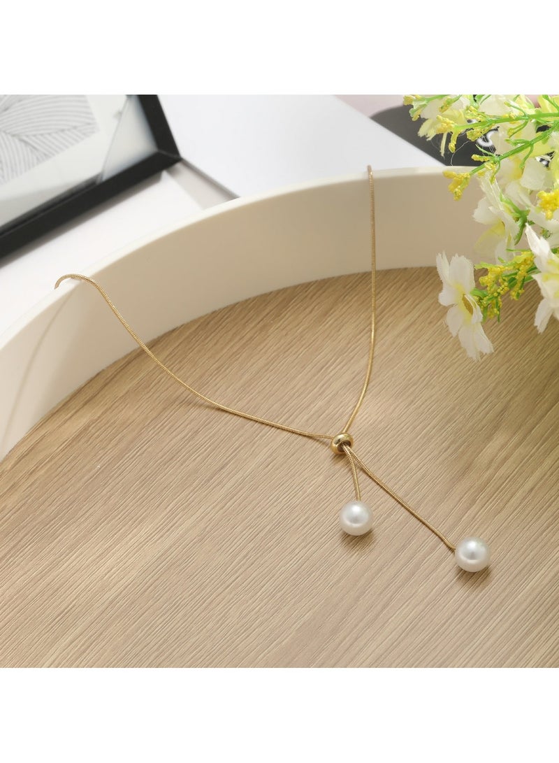 Huitich Elegant Gold Color Tone Lariat Necklace with Dual Pearl Drops  - Image 3