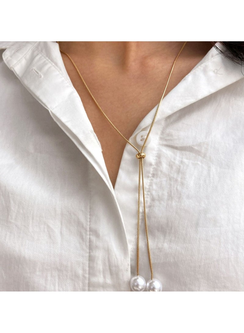 Huitich Elegant Gold Color Tone Lariat Necklace with Dual Pearl Drops  - Image 5