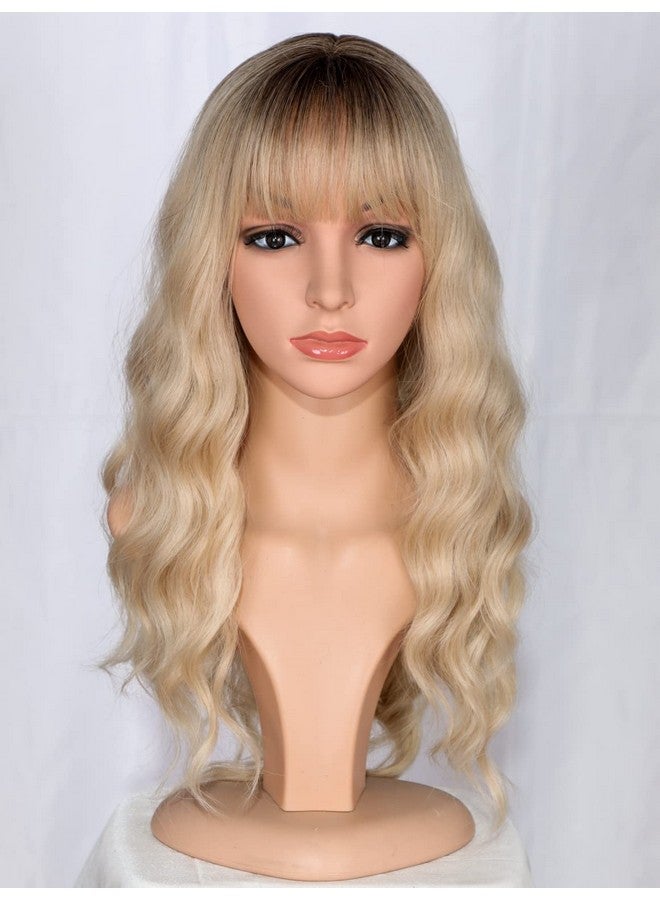 SYMEIW Medium Long Blonde Wavy Wigs For Women Synthetic Full Hair Wigs With Bangs For Daily Use (Blonde) - Image 1
