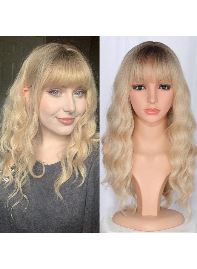 SYMEIW Medium Long Blonde Wavy Wigs For Women Synthetic Full Hair Wigs With Bangs For Daily Use (Blonde) - Image 2