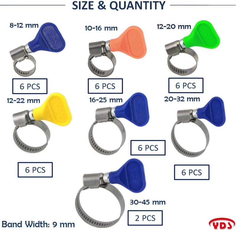 YDS 38 Pieces Butterfly Hose Clamps Assortment Kit, Stainless Steel W2, Turn Key, 5/16" to 1-3/4" Clamping Range - Image 2