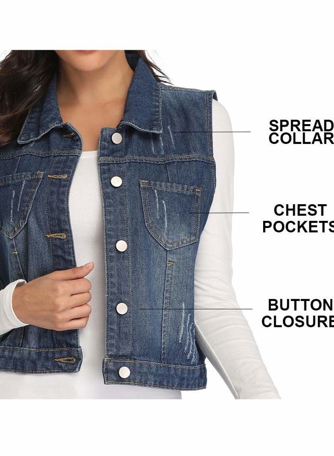 Wudodo Womens Classic Denim Vest Button Up Sleeveless Cropped Distressed Jean Jacket w Chest Pockets (Large (US 12-14), Deep Blue) - Image 3