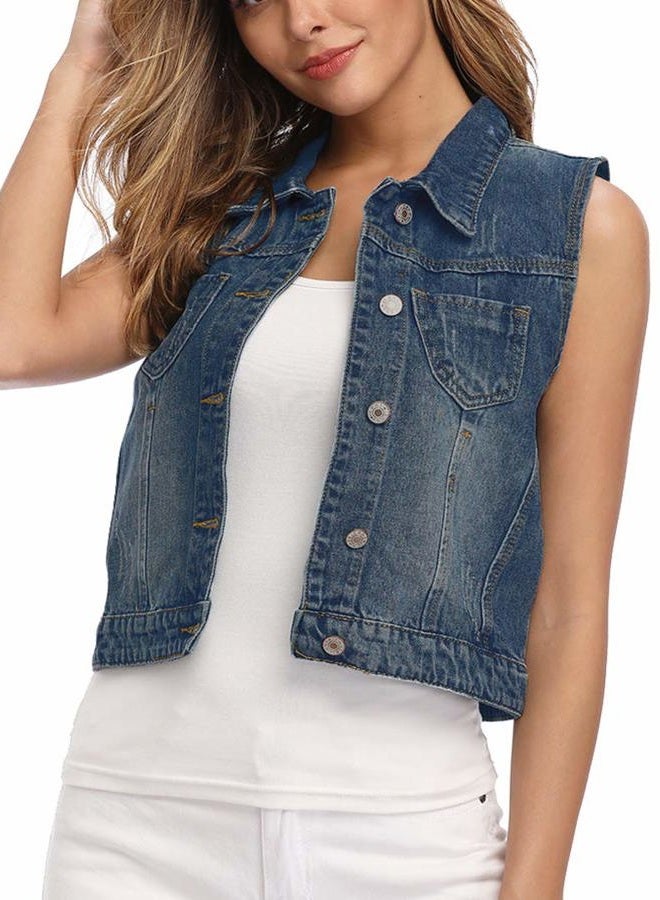 Wudodo Womens Classic Denim Vest Button Up Sleeveless Cropped Distressed Jean Jacket w Chest Pockets (Large (US 12-14), Deep Blue) - Image 1