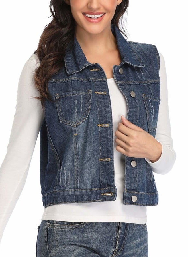 Wudodo Womens Classic Denim Vest Button Up Sleeveless Cropped Distressed Jean Jacket w Chest Pockets (Large (US 12-14), Deep Blue) - Image 5