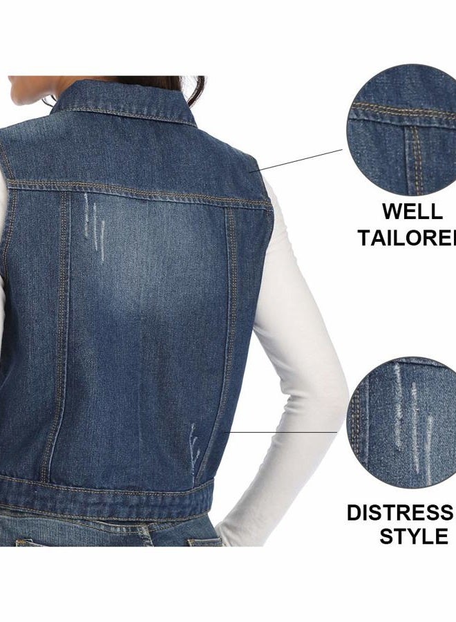 Wudodo Womens Classic Denim Vest Button Up Sleeveless Cropped Distressed Jean Jacket w Chest Pockets (Large (US 12-14), Deep Blue) - Image 4
