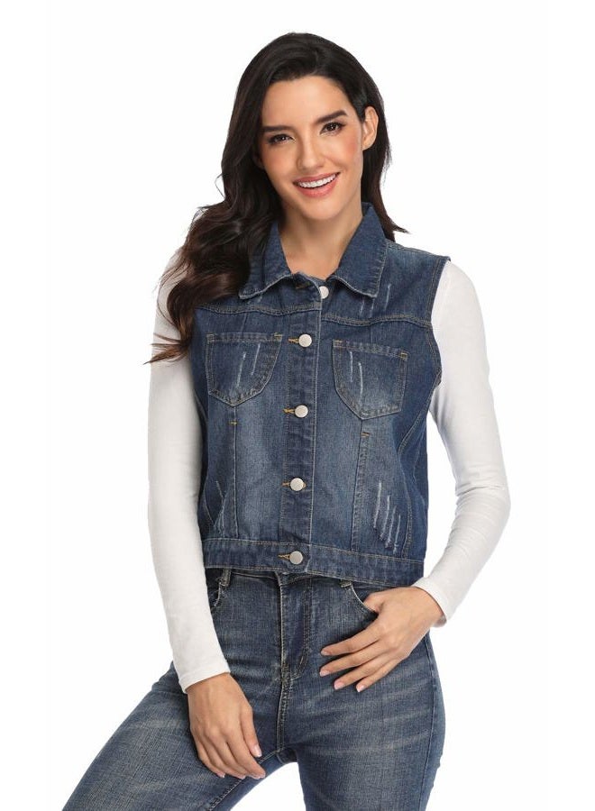 Wudodo Womens Classic Denim Vest Button Up Sleeveless Cropped Distressed Jean Jacket w Chest Pockets (Large (US 12-14), Deep Blue) - Image 2