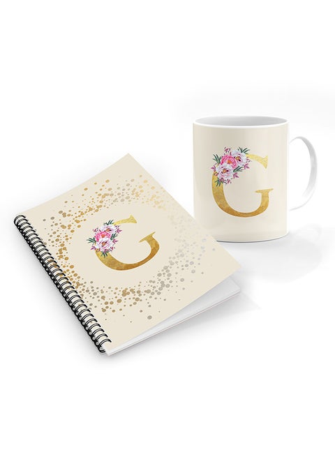 Printed Coffee Mug + A5 Spiral Notebook Memo Personalised Combo Gift Set Custom Monogram Initial Letter Floral Pattern Alphabet -  G (Cream)