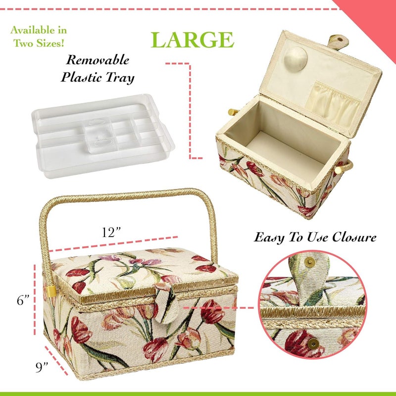 Adolfo Design Sewing Basket with Tulip Floral Print Design- Sewing Kit Storage Box with Removable Tray, Built-In Pin Cushion and Interior Pocket - Large - 12" x 9" x 6" - by - Image 2