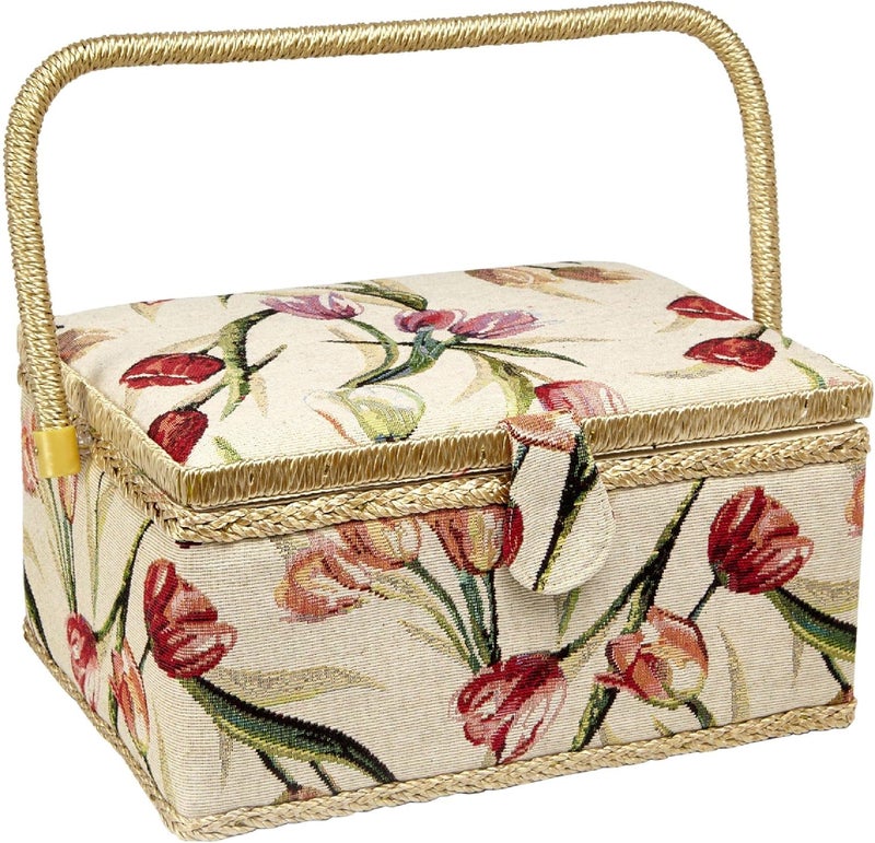 Adolfo Design Sewing Basket with Tulip Floral Print Design- Sewing Kit Storage Box with Removable Tray, Built-In Pin Cushion and Interior Pocket - Large - 12" x 9" x 6" - by - Image 1