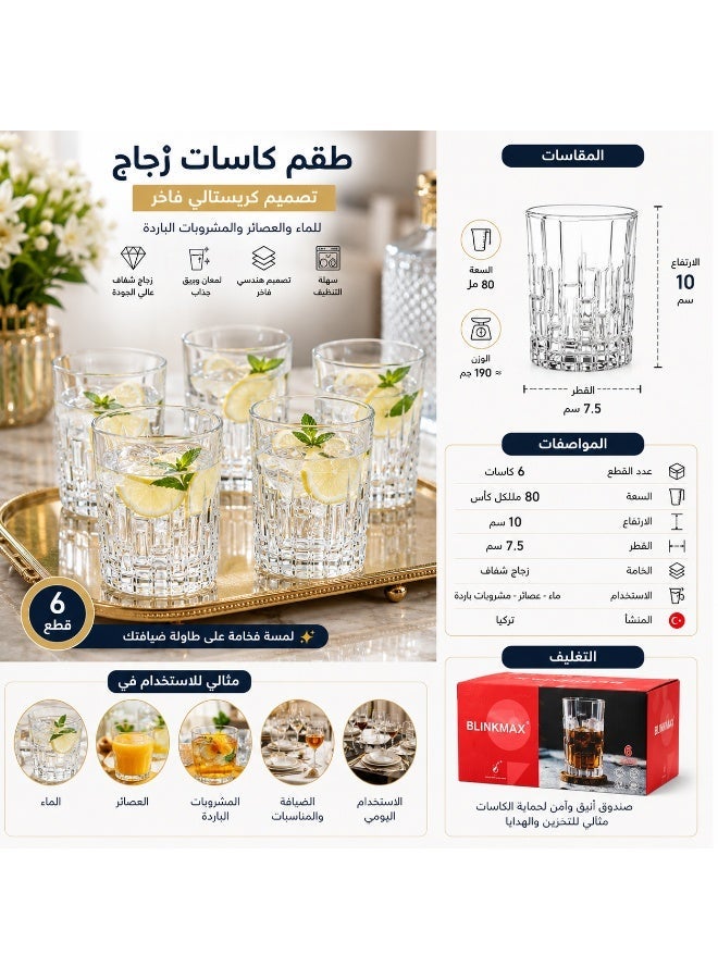 بلينك ماكس طقم كاسات زجاج فاخر – 6 قطع – ارتفاع 10 سم – تصميم كريستالي أنيق لتقديم الماء والعصيرات ✨🥤 - Image 3