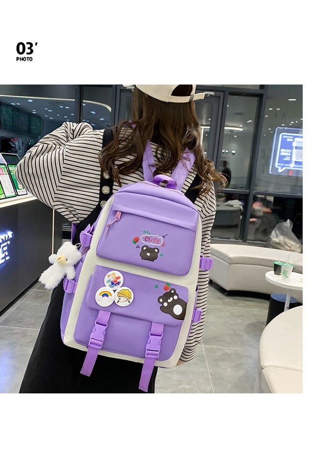 Generic - 5 Pcs adult Backpack School Bags Set Backpacks with Pendant Lunch Bag Pencil Case Handbag Coin Purse for Teen Girls School Backpack（Purple） - Image 1