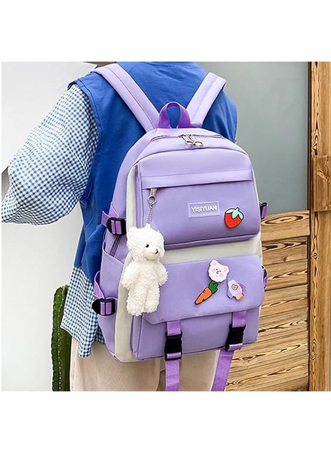 Generic - 5 Pcs adult Backpack School Bags Set Backpacks with Pendant Lunch Bag Pencil Case Handbag Coin Purse for Teen Girls School Backpack（Purple） - Image 1