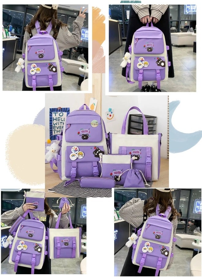 Generic - 5 Pcs adult Backpack School Bags Set Backpacks with Pendant Lunch Bag Pencil Case Handbag Coin Purse for Teen Girls School Backpack（Purple） - Image 1