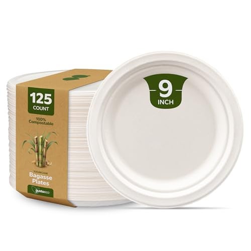 Gusto Comfy Package 100% Compostable 9 Inch Heavy-Duty Plates [125 Pack] Eco-Friendly Disposable Sugarcane Paper Plates, White - Image 1