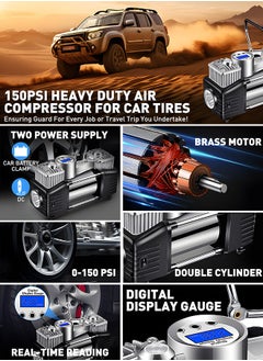 PINREK Heavy Duty  Double 30mm Cylinder Tyre Inflator , Portable Air Compressor for Car, 150 PSI Tyre Air Pump with LED Light, Digital Pressure Gauge Tire Inflator - Professional for SUV, Off-Road, Trucks  - Image 2