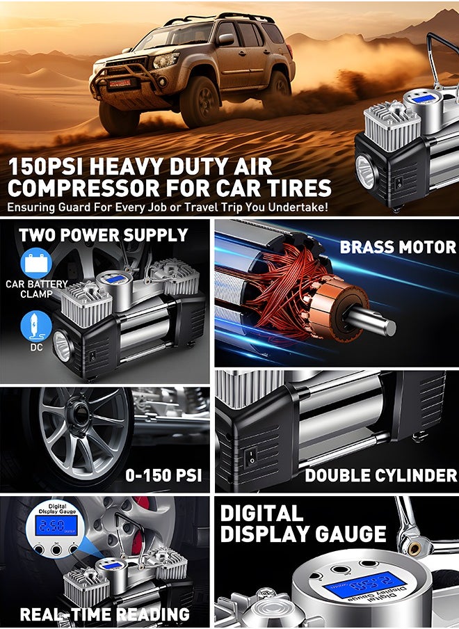 PINREK Heavy Duty  Double 30mm Cylinder Tyre Inflator , Portable Air Compressor for Car, 150 PSI Tyre Air Pump with LED Light, Digital Pressure Gauge Tire Inflator - Professional for SUV, Off-Road, Trucks  - Image 2