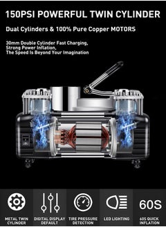 PINREK Heavy Duty  Double 30mm Cylinder Tyre Inflator , Portable Air Compressor for Car, 150 PSI Tyre Air Pump with LED Light, Digital Pressure Gauge Tire Inflator - Professional for SUV, Off-Road, Trucks  - Image 4
