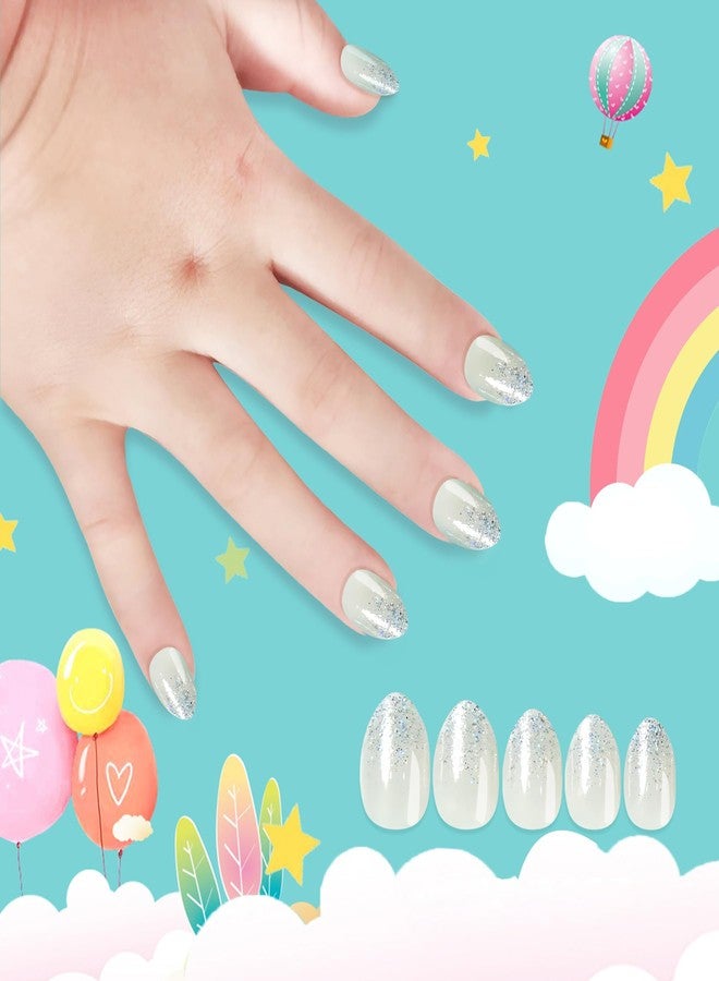 Kawyehu Kids Press on Nails Almond Children Fake Nails Artificial Nail Tips Adhesive Full Cover Short False Fingernails for Girls Kids Nail Decoration (Crystal Diamonds) - Image 1