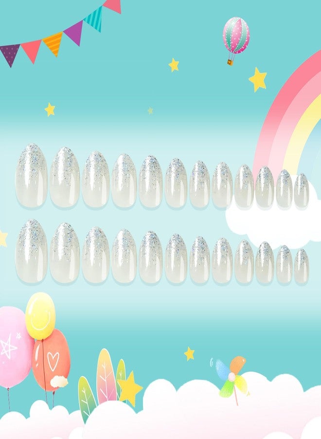 Kawyehu Kids Press on Nails Almond Children Fake Nails Artificial Nail Tips Adhesive Full Cover Short False Fingernails for Girls Kids Nail Decoration (Crystal Diamonds) - Image 2