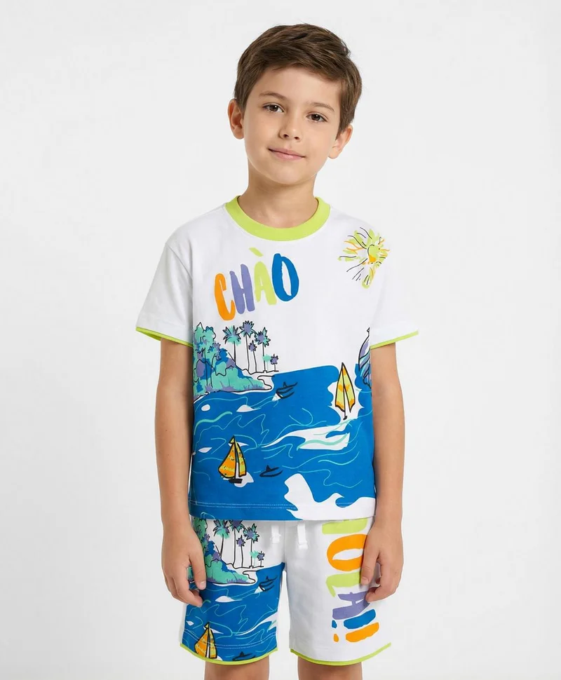 Ollington St. Ollington St. Cotton Knit Half Sleeves Printed T-Shirt & Knit Shorts Co-ords Set - White/Blue