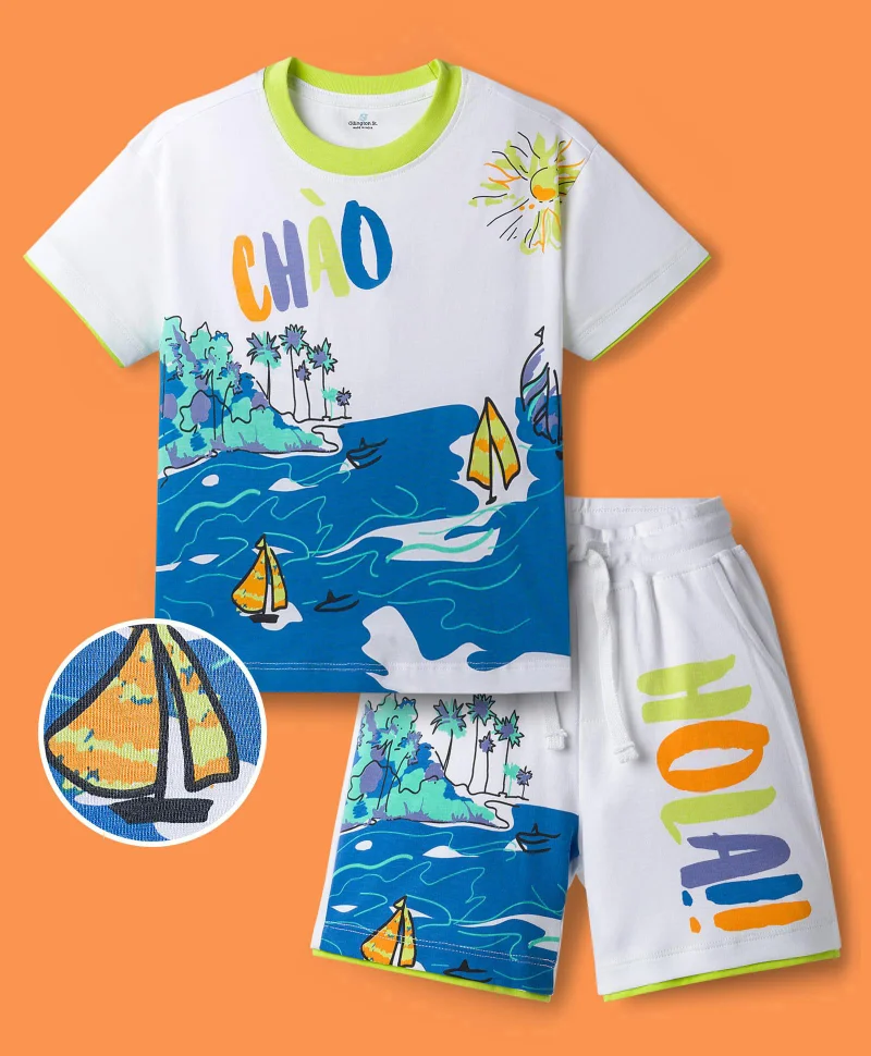 Ollington St. Ollington St. Cotton Knit Half Sleeves Printed T-Shirt & Knit Shorts Co-ords Set - White/Blue