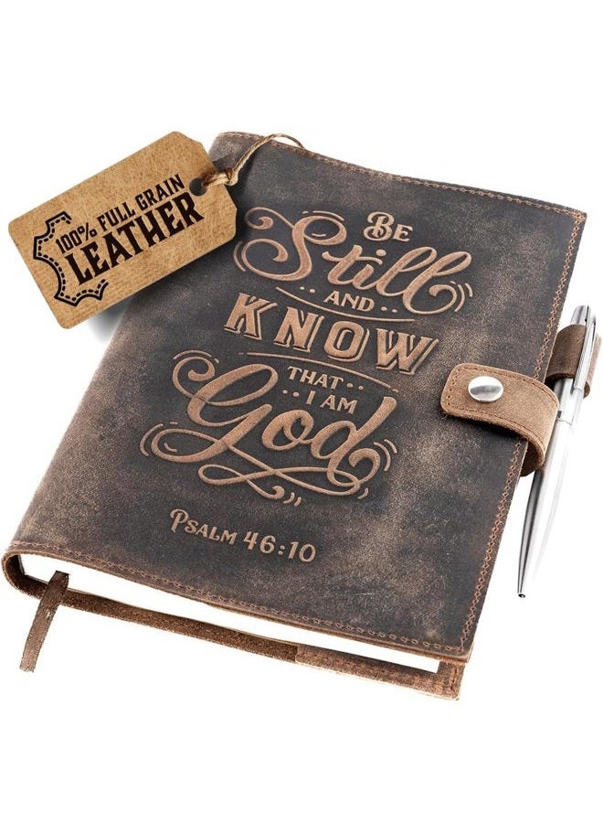 Moonster Refillable Leather Journal Psalm 46:10 Bible Verse Embossed Journals with Pen – Milled A5 Leather Journal Lined Paper - Journals for Women – Leather Notebook with Pen Holder - 320 Pages - Image 1