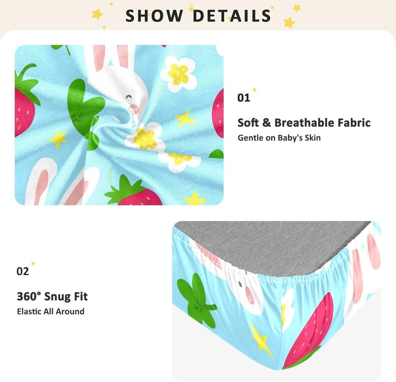 xigua Rabbit Baby Crib Sheets, Super Soft Combed Cotton Fitted Sheets, Breathable Skin-Friendly Baby Sheets for Standard Crib and Toddler Mattress & Playard, 52x28x9 Inch - Image 5