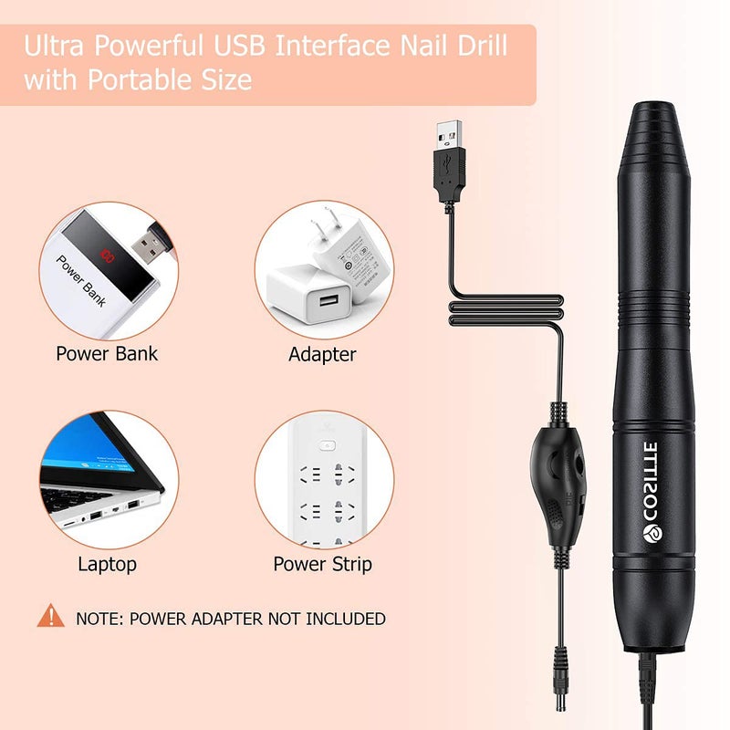 COSITTE Electric Nail Drill, USB Electric Nail Drill Machine for Acrylic Nails, Portable Electrical Nail File Polishing Tool Manicure Pedicure Efile Nail Supplies for Home and Salon Use Black - Image 2