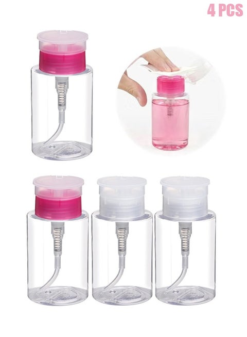 Pack of 4 Nail Polish Remover Pump Empty Dispenser Bottle for Alcohol, Acetone, Nail Polish and Makeup Remover, 180ml( Clear,Hotpink Top Cap)