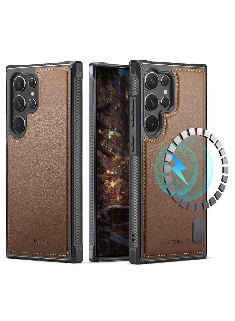 JEEHOOD Phone Case cover Luxury PU Leather Back Cover Cover Magnetic Wireless Charging Compatible with  Samsung Galaxy S25 Ultra (Brown)