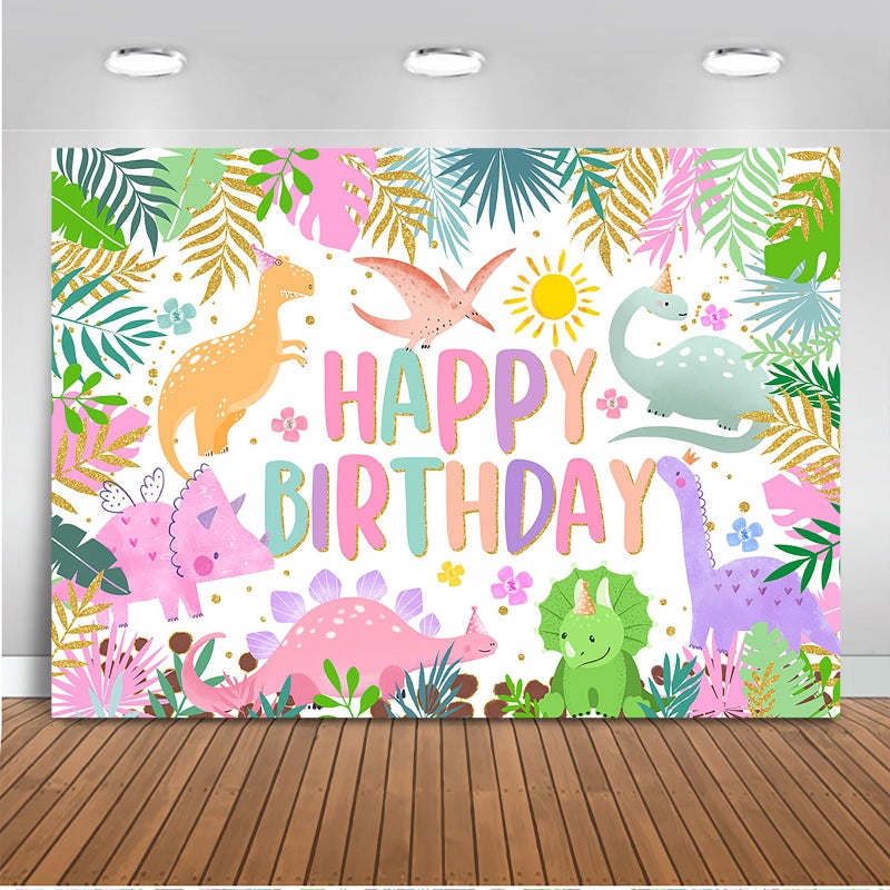 Mocsicka Dinosaur Birthday Backdrop - Cartoon Girl Birthday Background Party Decor - World Banner Theme Party Supplies for Kids, 7x5ft, Multi - Image 1