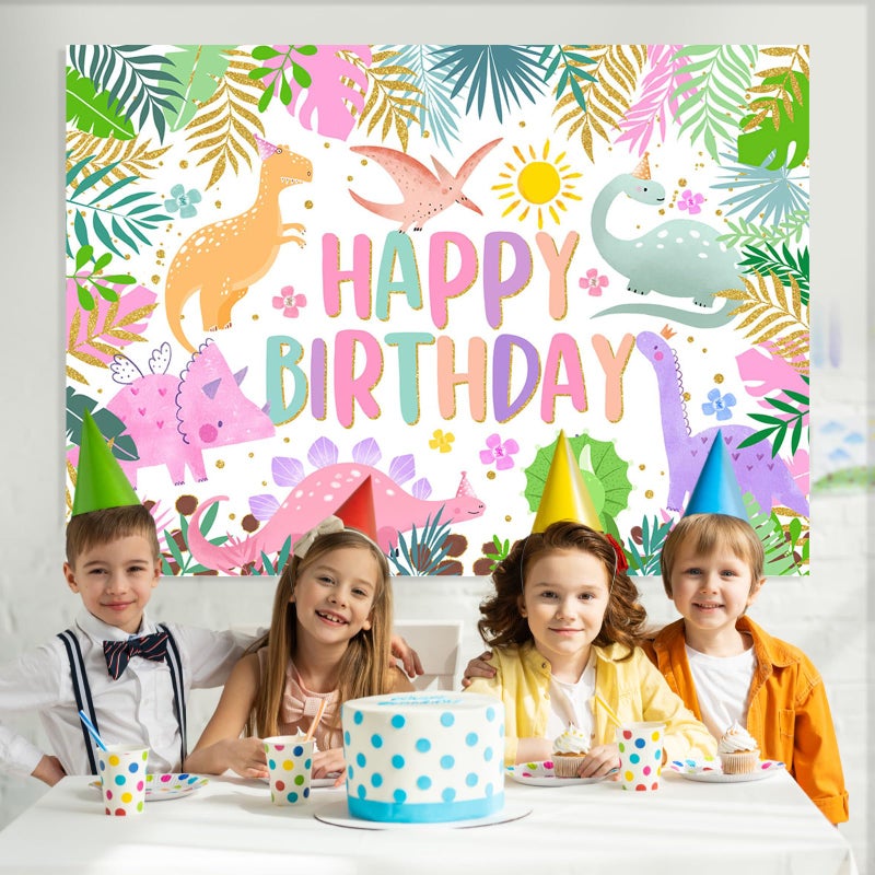 Mocsicka Dinosaur Birthday Backdrop - Cartoon Girl Birthday Background Party Decor - World Banner Theme Party Supplies for Kids, 7x5ft, Multi - Image 2