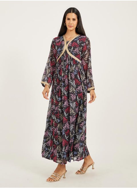 Printed A-Line Lace V-Neck Kaftan by Styli
