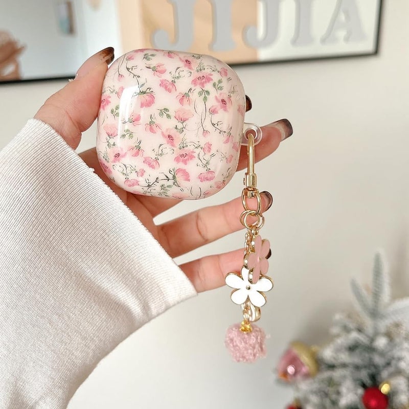 Pink Floral Shockproof Earbuds Protective Case - With Attached Lanyard Secure Fit Earbuds Case for Galaxy Buds FE, 2, 2 Pro, Pro, Live Models Commuters Travelers Students - Image 1
