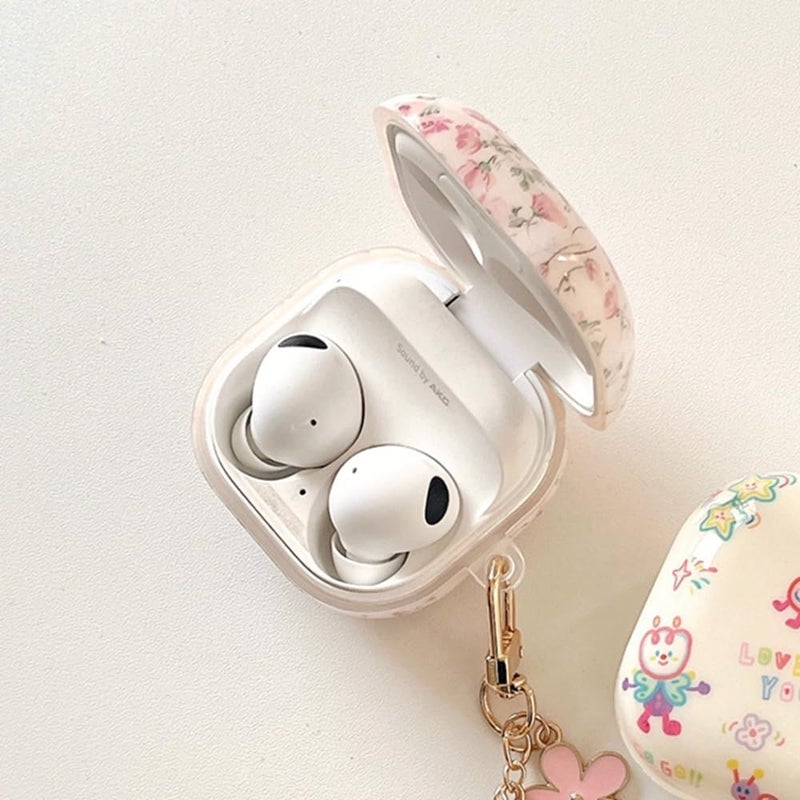 Pink Floral Shockproof Earbuds Protective Case - With Attached Lanyard Secure Fit Earbuds Case for Galaxy Buds FE, 2, 2 Pro, Pro, Live Models Commuters Travelers Students - Image 2